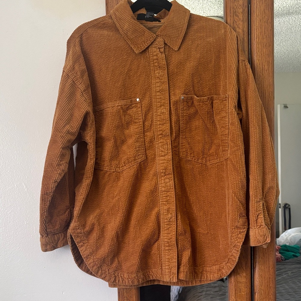 Corduroy Snap Button Shirt S • Duck Brown Western Ranch Shacket curved hemline
